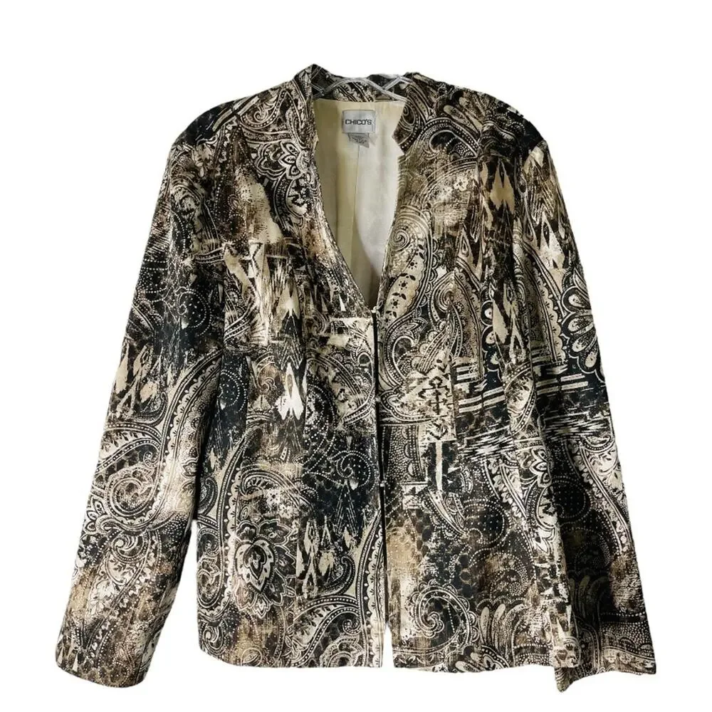 Chico’s cream brown silk floral office boho preppy lightweight blazer large